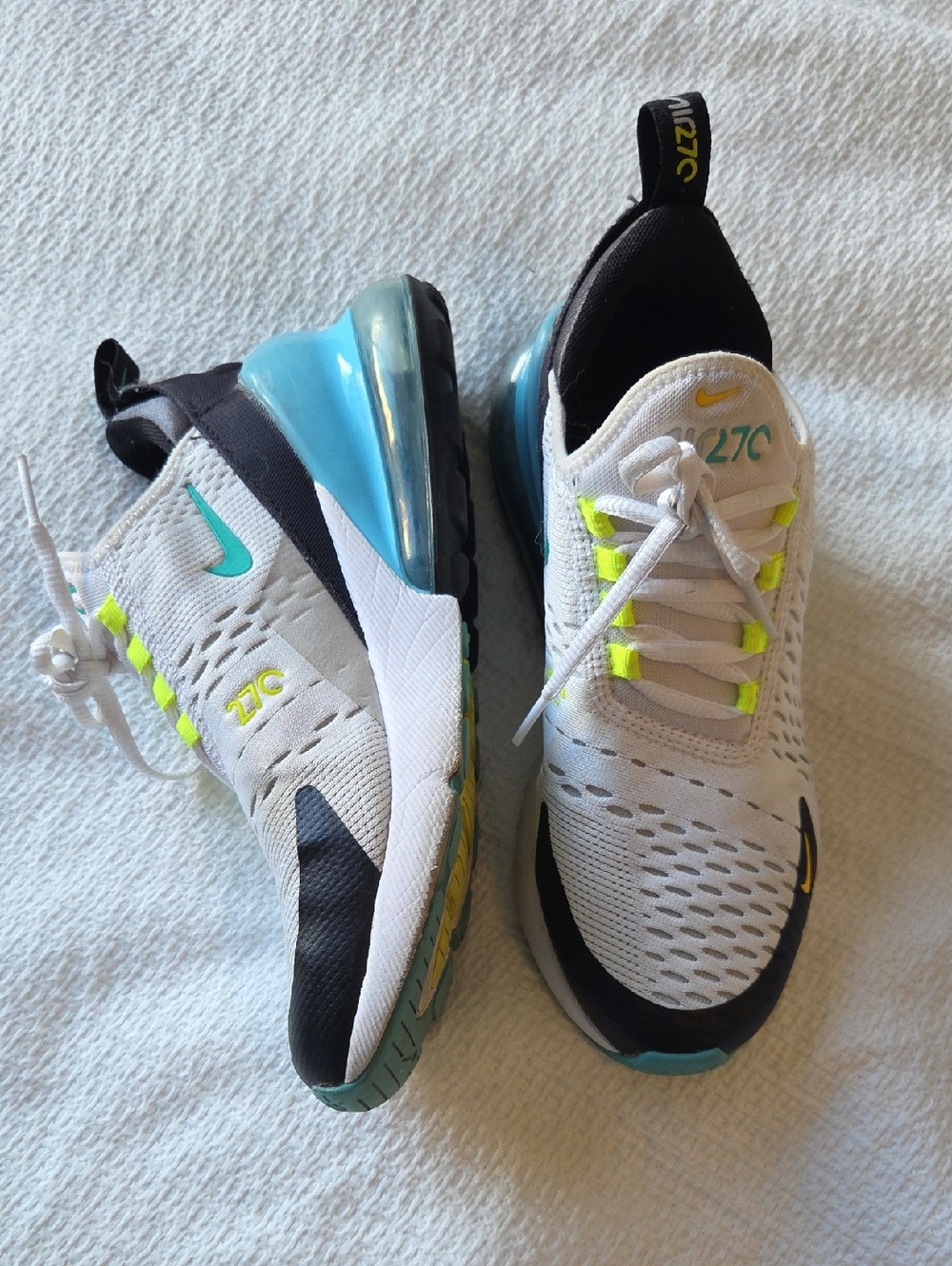 Nike Kids Air Max 270 Sneakers in White, Teal, Neon Yellow, Black